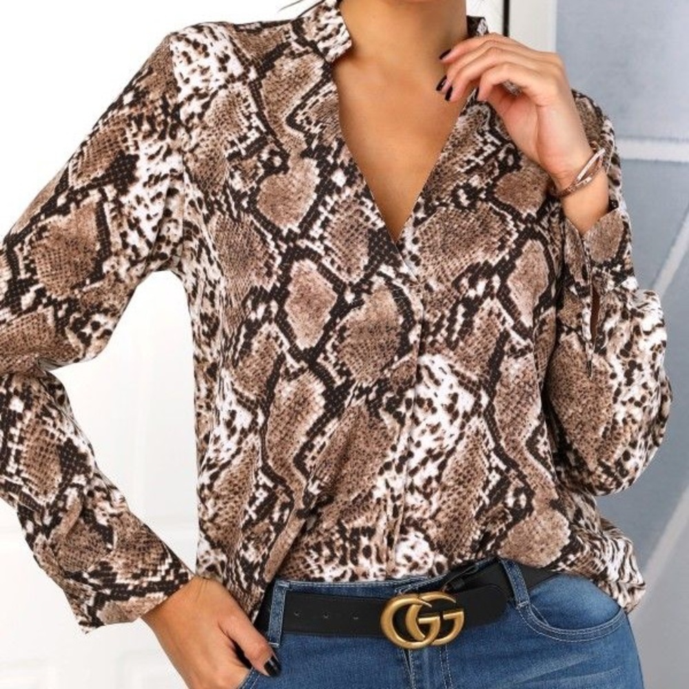 SHEIN Brown and Cream Snake Print Blouse Animal Chic Classy L V-Neck Long Sleeve